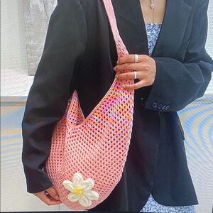 Pink Crochet Shoulder Bag with Flower Detail